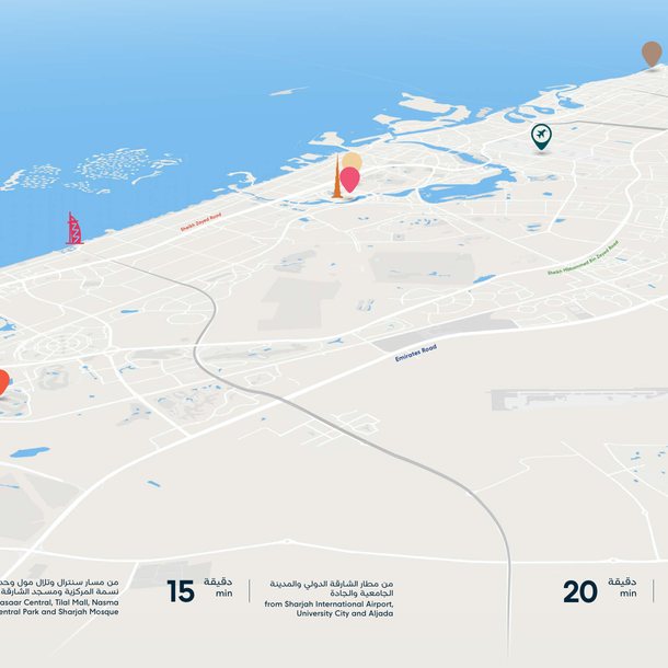 Map of Sharjah and Dubai with Masaar 3, its drive times and the airports